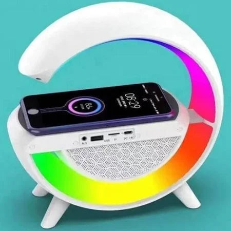 Google Speaker Wireless Charger Speaker 15 Watt Fast Charging Speaker Atmosphere Lamp with Bluetooth Speaker FM Radio 6 RGB Music sync Lighting Mode for Bedroom